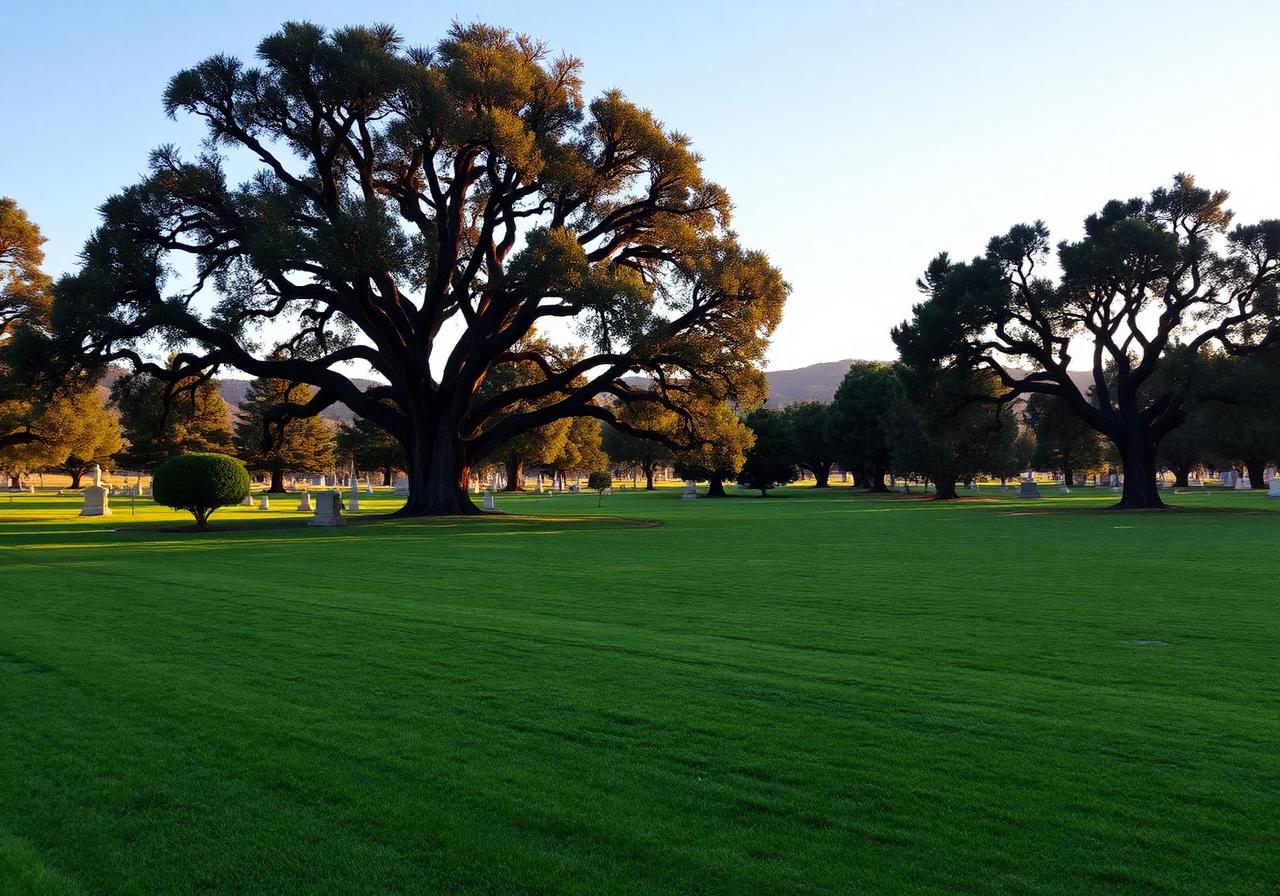 Serene California cemetery grounds at golden hour