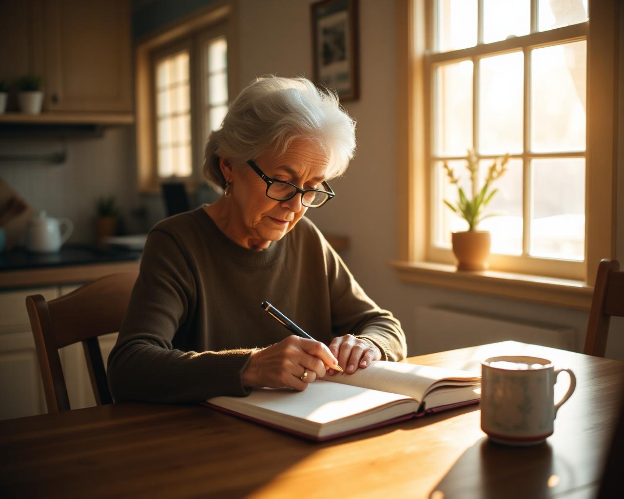 An older woman talking with her family in a sunlit room