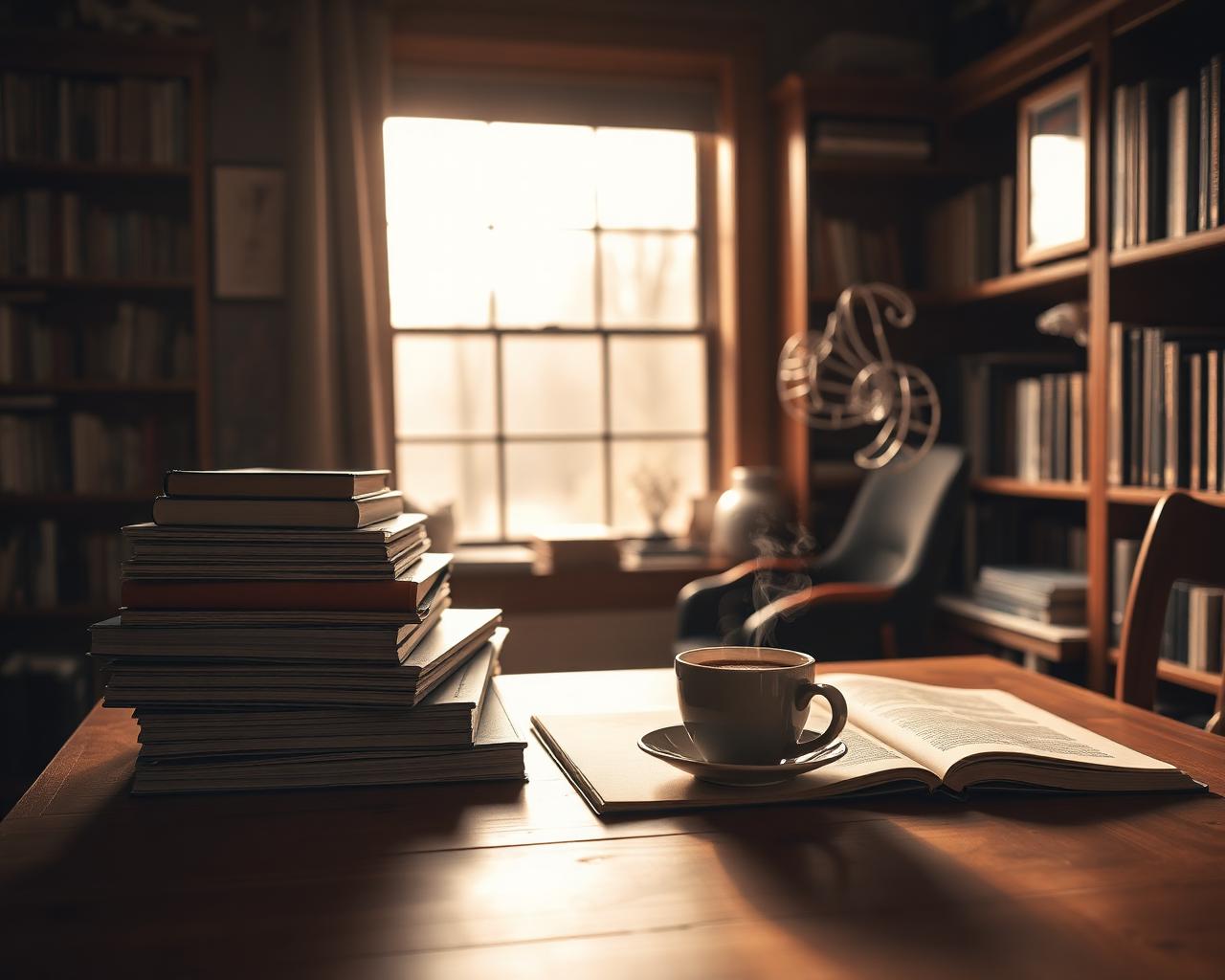 A quiet reading nook with books and afternoon light